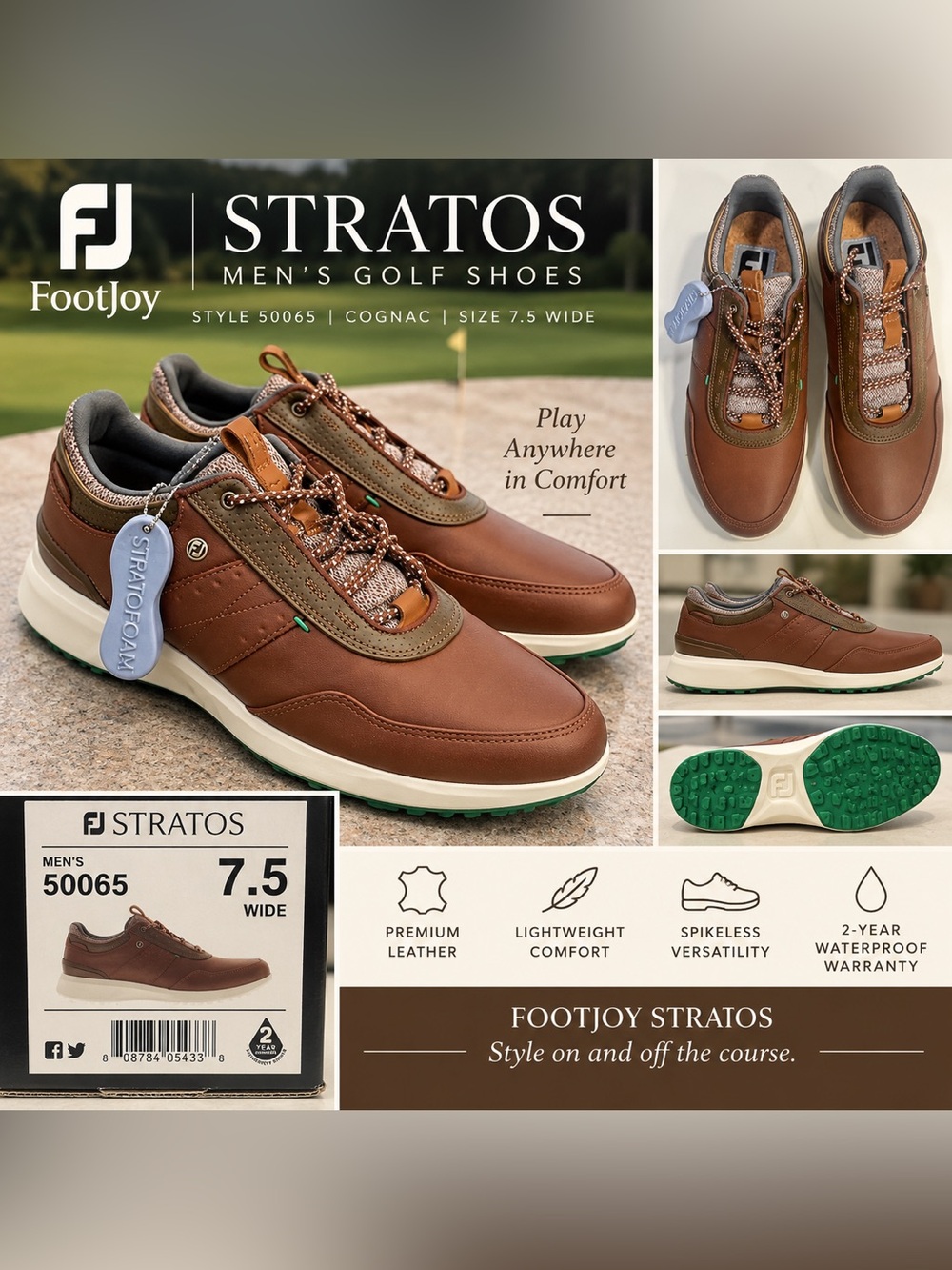 FootJoy Stratos Men's Golf Shoes - Cognac Brown with Green Accents